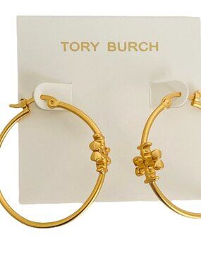 NEW Tory Burch Large Eleanor Hoop Logo Earrings in Gold or Silver 18K GP RET$210